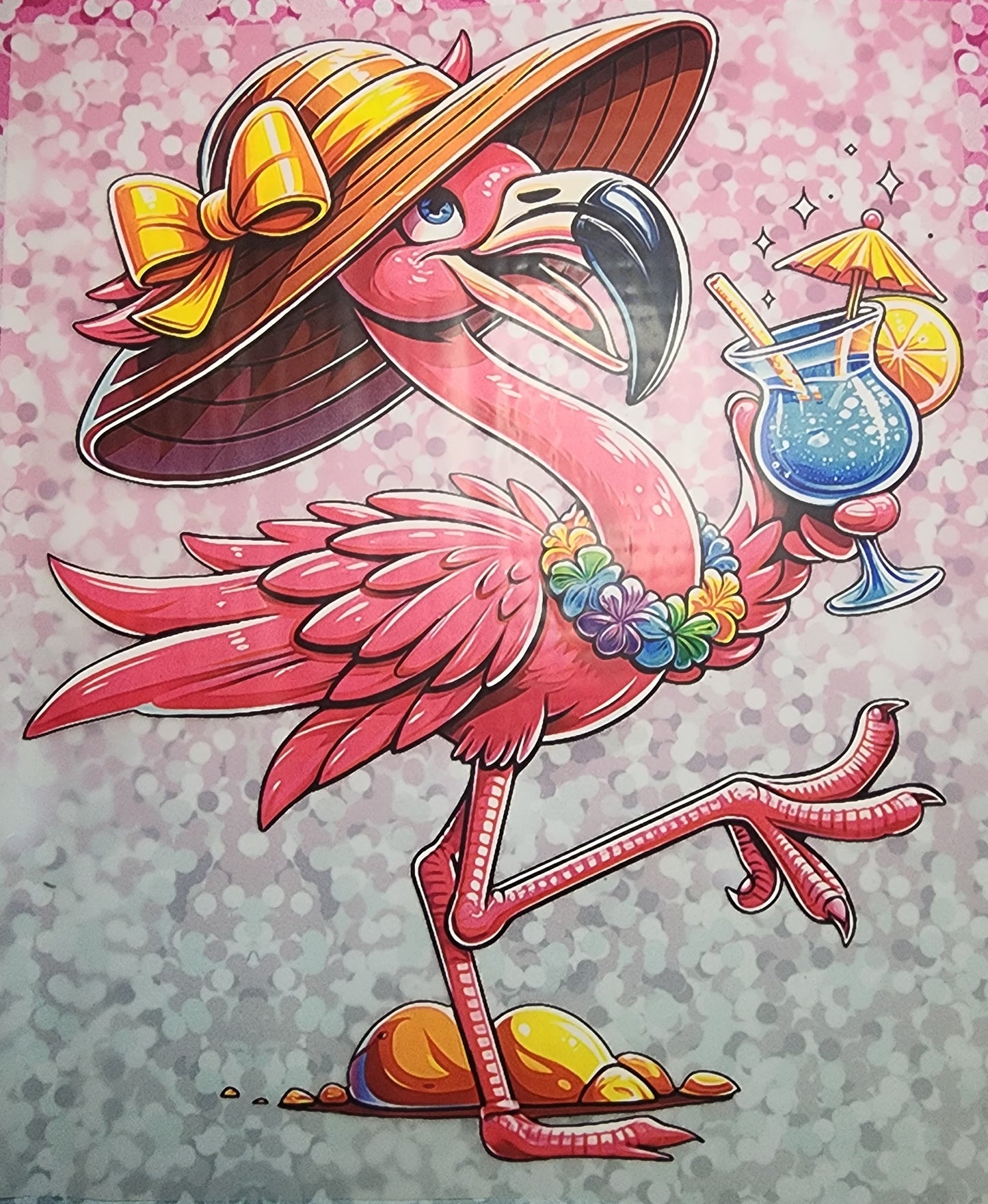 Pink flamingo blue drink print DTF