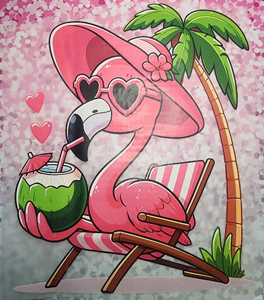 Flamingo on Pink and White chair print DTF